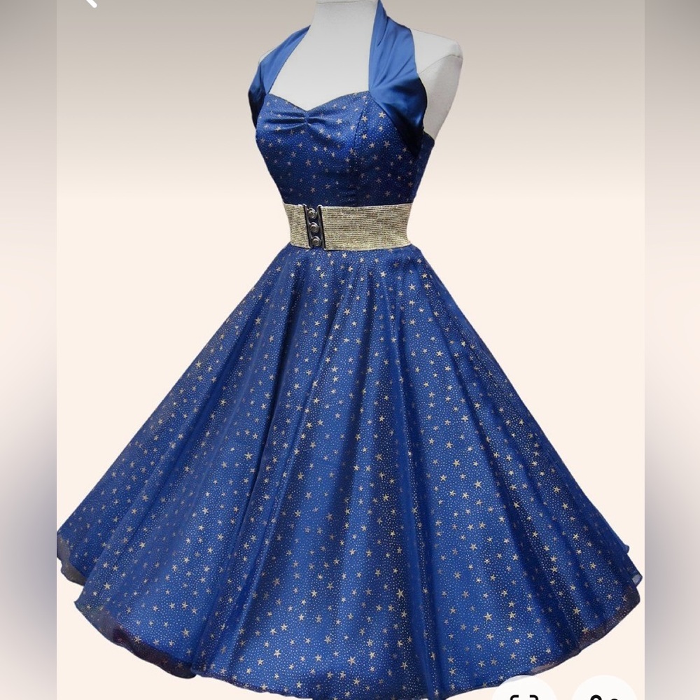Vivien of Holloway 1950s Halter Navy Satin Small Gold Stars Dress(sizeUK18/US14)
